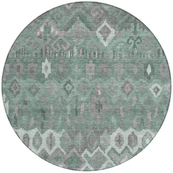 HomeRoots 8' Artichoke Green Gray Ivory Round Geometric Rug - Washable, Stain-Resistant for Indoor & Outdoor Use 658473