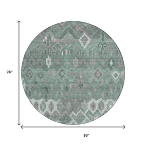 HomeRoots 8' Artichoke Green Gray Ivory Round Geometric Rug - Washable, Stain-Resistant for Indoor & Outdoor Use 658473
