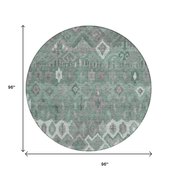 HomeRoots 8' Artichoke Green Gray Ivory Round Geometric Rug - Washable, Stain-Resistant for Indoor & Outdoor Use 658473