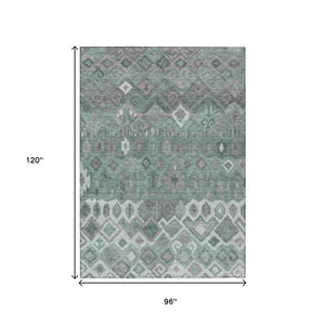 HomeRoots 8' X 10' Geometric Artichoke Green, Gray & Ivory Washable Rug - Ideal for Indoor & Outdoor Spaces 658474