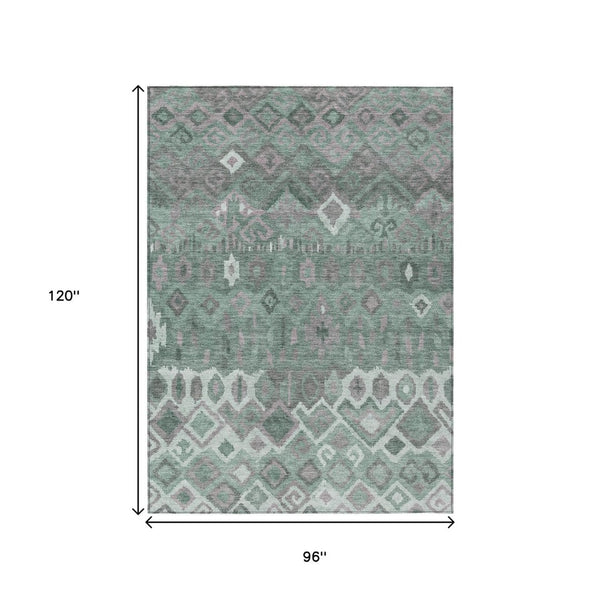 HomeRoots 8' X 10' Geometric Artichoke Green, Gray & Ivory Washable Rug - Ideal for Indoor & Outdoor Spaces 658474
