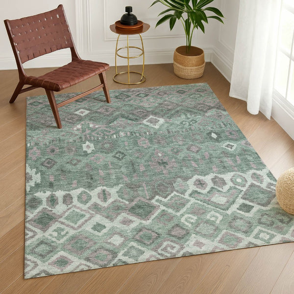 HomeRoots 8' X 10' Geometric Artichoke Green, Gray & Ivory Washable Rug - Ideal for Indoor & Outdoor Spaces 658474