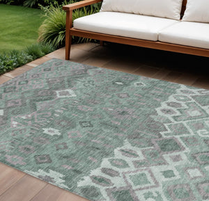HomeRoots 9' X 12' Artichoke Green, Gray & Ivory Geometric Washable Area Rug for Indoor/Outdoor Spaces 658475