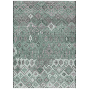 HomeRoots 9' X 12' Artichoke Green, Gray & Ivory Geometric Washable Area Rug for Indoor/Outdoor Spaces 658475