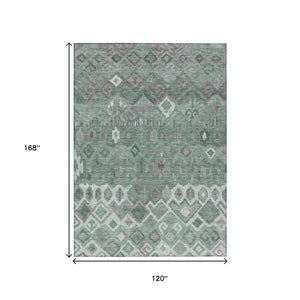 HomeRoots 10' X 14' Artichoke Green Gray Ivory Geometric Washable Rug - Stylish, Durable Indoor/Outdoor Essential 658476