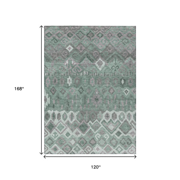 HomeRoots 10' X 14' Artichoke Green Gray Ivory Geometric Washable Rug - Stylish, Durable Indoor/Outdoor Essential 658476