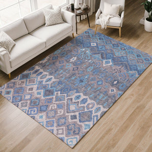 HomeRoots 5' Geometric Blue Gray Ivory Washable Area Rug - Durable, Stylish, Perfect for Indoor & Outdoor Use! 658478