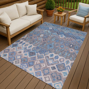 HomeRoots 5' Geometric Blue Gray Ivory Washable Area Rug - Durable, Stylish, Perfect for Indoor & Outdoor Use! 658478