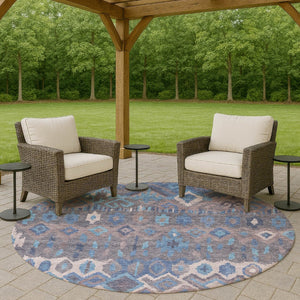 HomeRoots 8' Round Geometric Washable Indoor Outdoor Area Rug in Blue Gray Ivory - Stylish & Durable Design 658479