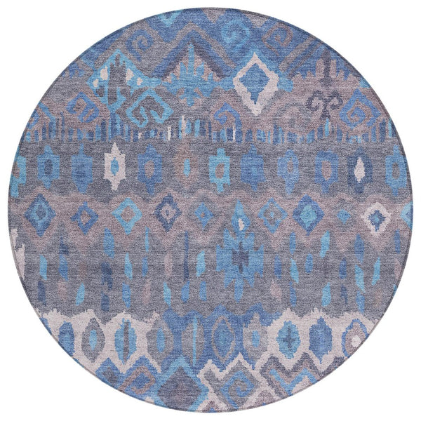 HomeRoots 8' Round Geometric Washable Indoor Outdoor Area Rug in Blue Gray Ivory - Stylish & Durable Design 658479