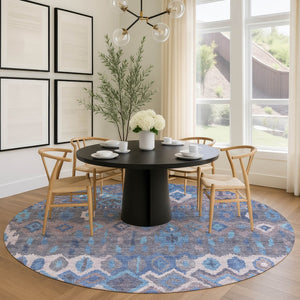 HomeRoots 8' Round Geometric Washable Indoor Outdoor Area Rug in Blue Gray Ivory - Stylish & Durable Design 658479