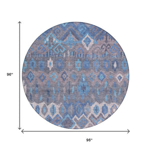 HomeRoots 8' Round Geometric Washable Indoor Outdoor Area Rug in Blue Gray Ivory - Stylish & Durable Design 658479
