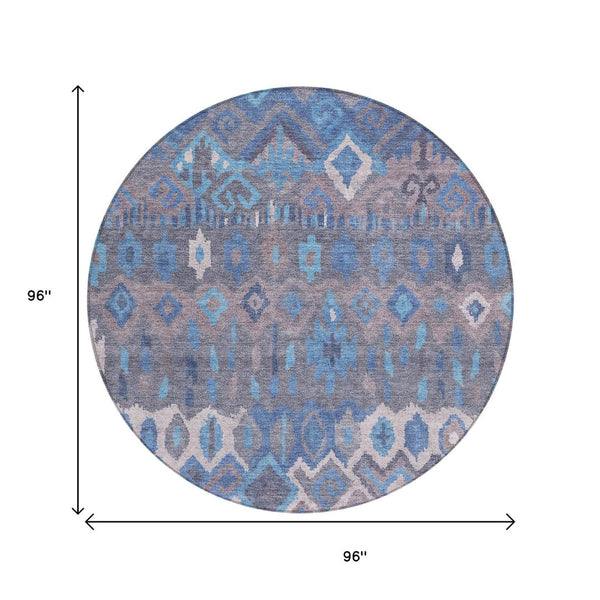 HomeRoots 8' Round Geometric Washable Indoor Outdoor Area Rug in Blue Gray Ivory - Stylish & Durable Design 658479