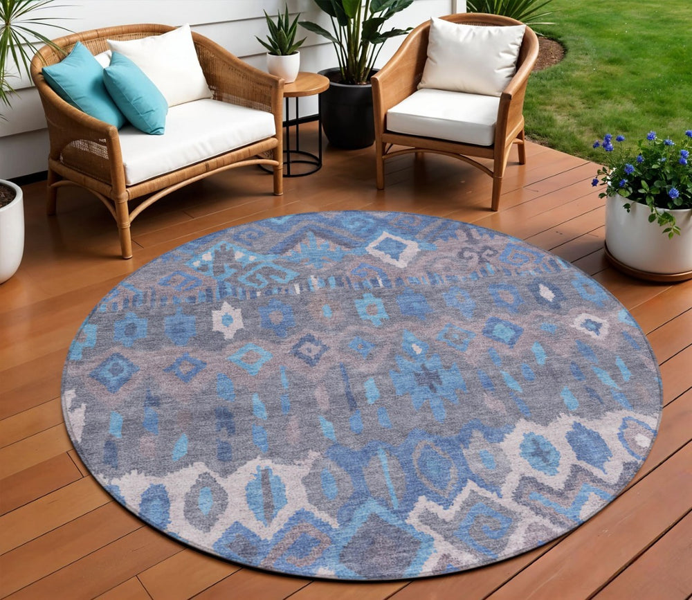 HomeRoots 8' Round Geometric Washable Indoor Outdoor Area Rug in Blue Gray Ivory - Stylish & Durable Design 658479