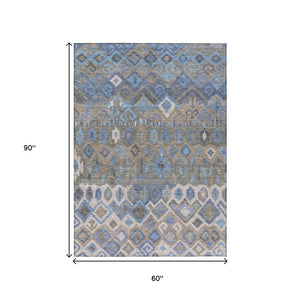 HomeRoots 5' Stylish Denim Blue, Gray & Ivory Geometric Area Rug - Washable, Stain-Resistant for Indoor/Outdoor Use 658484