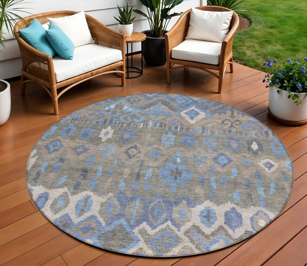 HomeRoots 8' Modern Geometric Round Area Rug in Denim Blue, Gray & Ivory - Washable, Durable for Indoor/Outdoor Use 658485