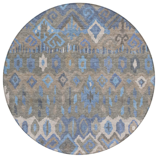 HomeRoots 8' Modern Geometric Round Area Rug in Denim Blue, Gray & Ivory - Washable, Durable for Indoor/Outdoor Use 658485