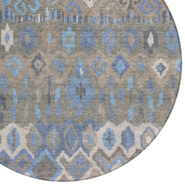 HomeRoots 8' Modern Geometric Round Area Rug in Denim Blue, Gray & Ivory - Washable, Durable for Indoor/Outdoor Use 658485
