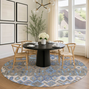 HomeRoots 8' Modern Geometric Round Area Rug in Denim Blue, Gray & Ivory - Washable, Durable for Indoor/Outdoor Use 658485
