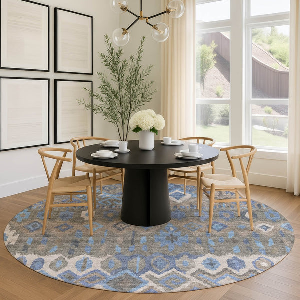 HomeRoots 8' Modern Geometric Round Area Rug in Denim Blue, Gray & Ivory - Washable, Durable for Indoor/Outdoor Use 658485