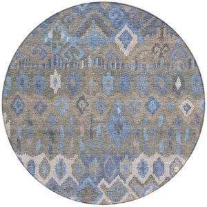 HomeRoots 8' Modern Geometric Round Area Rug in Denim Blue, Gray & Ivory - Washable, Durable for Indoor/Outdoor Use 658485