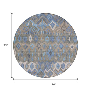 HomeRoots 8' Modern Geometric Round Area Rug in Denim Blue, Gray & Ivory - Washable, Durable for Indoor/Outdoor Use 658485