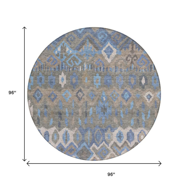 HomeRoots 8' Modern Geometric Round Area Rug in Denim Blue, Gray & Ivory - Washable, Durable for Indoor/Outdoor Use 658485