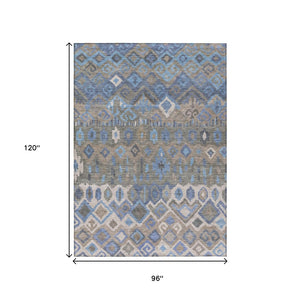 HomeRoots 8' X 10' Denim Blue Gray Ivory Geometric Rug - Washable, Durable for Indoor/Outdoor Use, Stain-Resistant 658486