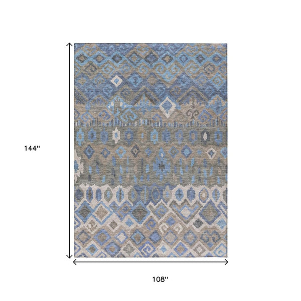 HomeRoots 9' Geometric Denim Blue, Gray & Ivory Washable Area Rug for Indoor/Outdoor Spaces - Durable & Stylish 658487
