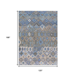 HomeRoots 10' Indoor Outdoor Denim Blue, Gray & Ivory Geometric Washable Area Rug - Stylish, Durable & Easy Care 658488