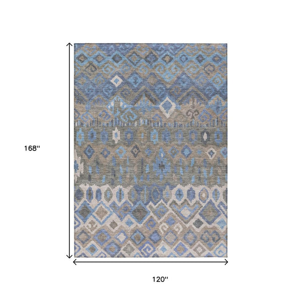 HomeRoots 10' Indoor Outdoor Denim Blue, Gray & Ivory Geometric Washable Area Rug - Stylish, Durable & Easy Care 658488