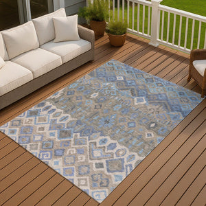 HomeRoots 10' Indoor Outdoor Denim Blue, Gray & Ivory Geometric Washable Area Rug - Stylish, Durable & Easy Care 658488