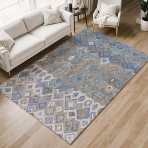 HomeRoots 10' Indoor Outdoor Denim Blue, Gray & Ivory Geometric Washable Area Rug - Stylish, Durable & Easy Care 658488