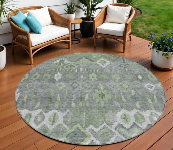 HomeRoots 8' Modern Round Geometric Area Rug in Gray, Green & Ivory - Washable, Durable for Indoor & Outdoor Use 658491