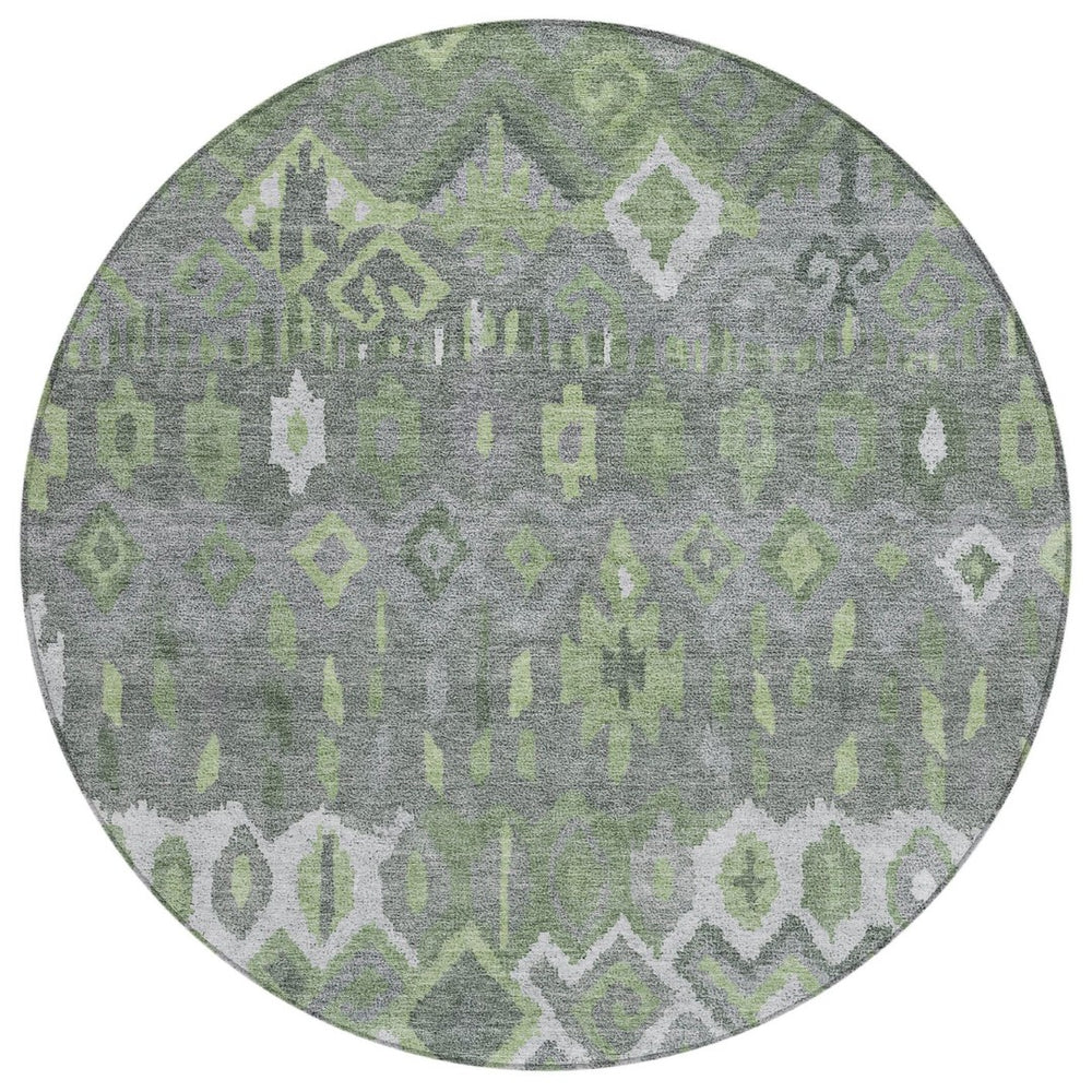 HomeRoots 8' Modern Round Geometric Area Rug in Gray, Green & Ivory - Washable, Durable for Indoor & Outdoor Use 658491