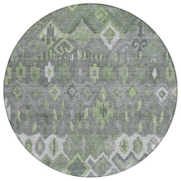 HomeRoots 8' Modern Round Geometric Area Rug in Gray, Green & Ivory - Washable, Durable for Indoor & Outdoor Use 658491
