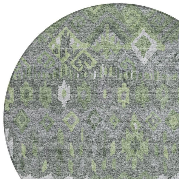 HomeRoots 8' Modern Round Geometric Area Rug in Gray, Green & Ivory - Washable, Durable for Indoor & Outdoor Use 658491