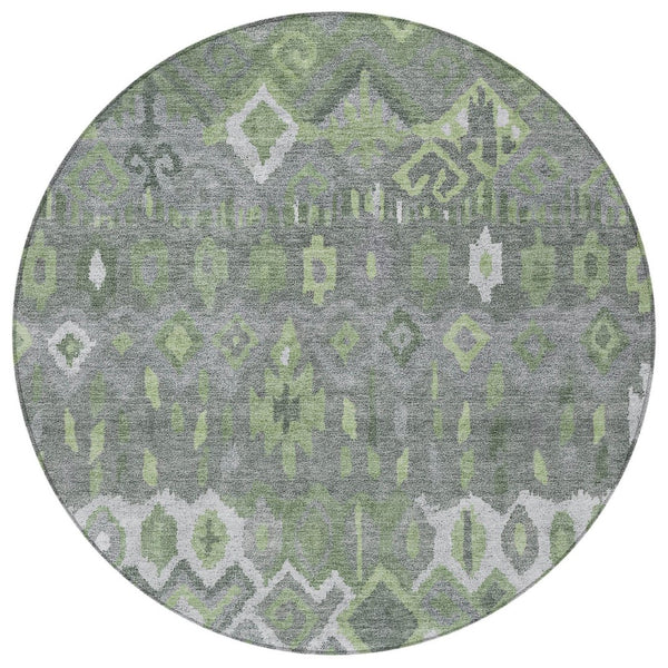 HomeRoots 8' Modern Round Geometric Area Rug in Gray, Green & Ivory - Washable, Durable for Indoor & Outdoor Use 658491
