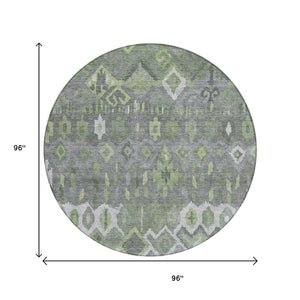 HomeRoots 8' Modern Round Geometric Area Rug in Gray, Green & Ivory - Washable, Durable for Indoor & Outdoor Use 658491