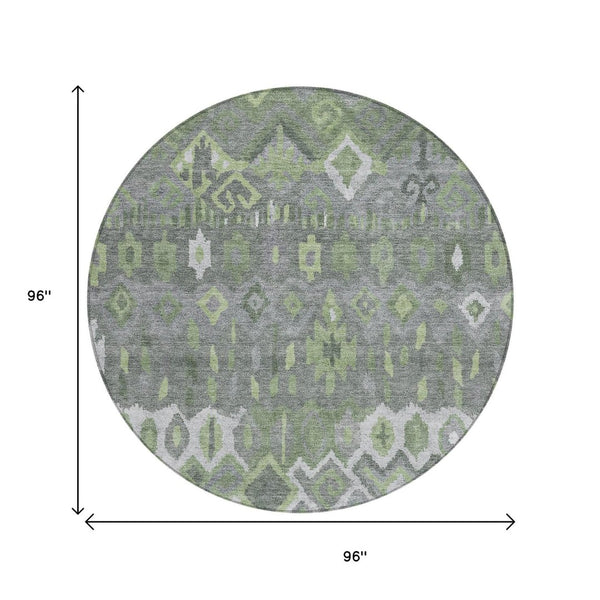 HomeRoots 8' Modern Round Geometric Area Rug in Gray, Green & Ivory - Washable, Durable for Indoor & Outdoor Use 658491