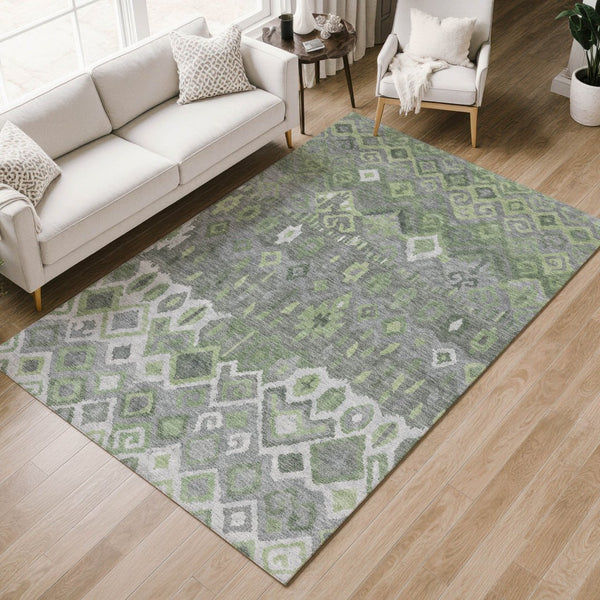 HomeRoots 9' Gray Green and Ivory Geometric Washable Area Rug - Stylish, Durable Indoor/Outdoor Design for Any Space 658493