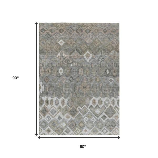 HomeRoots 5' X 8' Stylish Pewter Ivory Tan Geometric Area Rug - Washable, Durable for Indoor & Outdoor Use 658496