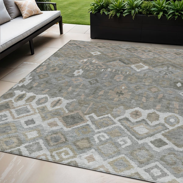 HomeRoots 5' X 8' Stylish Pewter Ivory Tan Geometric Area Rug - Washable, Durable for Indoor & Outdoor Use 658496