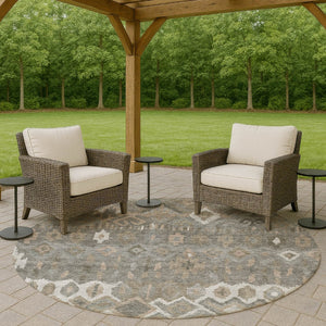 HomeRoots 8' Stylish Washable Round Geometric Area Rug in Pewter, Ivory & Tan for Indoor/Outdoor Use 658497