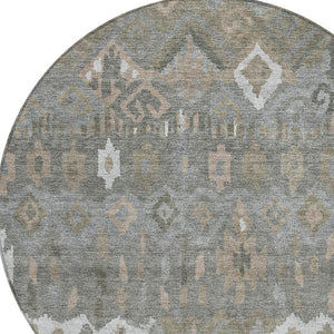 HomeRoots 8' Stylish Washable Round Geometric Area Rug in Pewter, Ivory & Tan for Indoor/Outdoor Use 658497