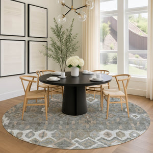 HomeRoots 8' Stylish Washable Round Geometric Area Rug in Pewter, Ivory & Tan for Indoor/Outdoor Use 658497