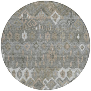 HomeRoots 8' Stylish Washable Round Geometric Area Rug in Pewter, Ivory & Tan for Indoor/Outdoor Use 658497