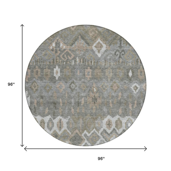 HomeRoots 8' Stylish Washable Round Geometric Area Rug in Pewter, Ivory & Tan for Indoor/Outdoor Use 658497