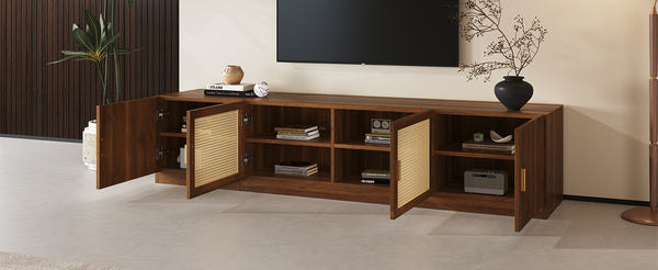 English Elm 78" TV Stand for TVs up to 85" — Walnut Media Console with Rattan Doors, Fluted Fronts & Adjustable Shelves N710P362196P