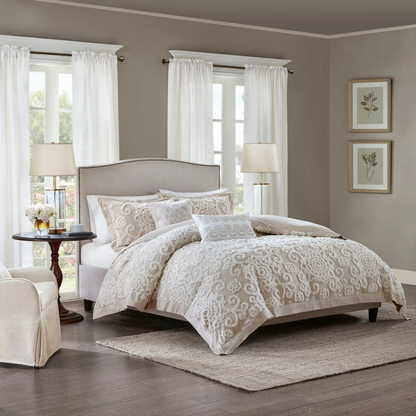 JLA Home Harbor House Blue - Square Embroidered Medallion Pillow 18x18 in — Taupe Cotton Faux-Linen, Chain-Stitch Texture, Coastal Elegance HH30-1650